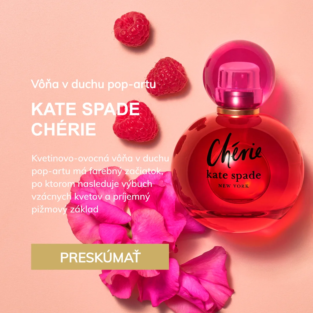 Vôňa v duchu pop-artu
KATE SPADE CHÉRIE

Kvetinovo-ovocná vôňa v duchu pop-artu má farebný začiatok, po ktorom nasleduje výbuch vzácnych kvetov a príjemný pižmový základ
